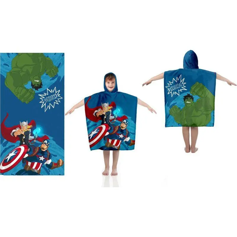 Poncho de Praia Azul c/ 3 Personagens em Algodão 55 x 110cm - Avengers
