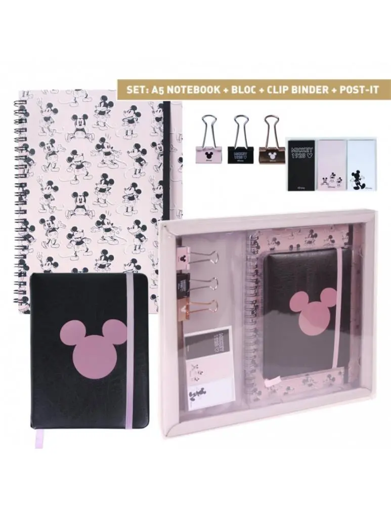Conjunto de Papelaria Rosa e Preto c/ Caderno, Bloco, Post Its e Clips - Mickey