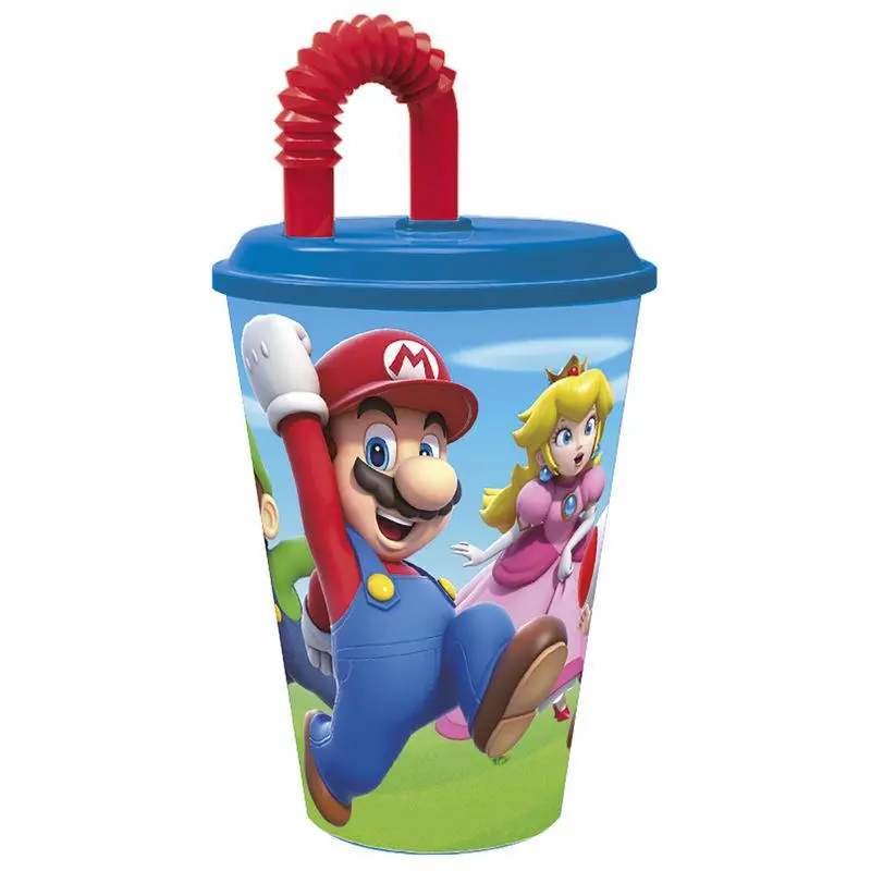 Copo com Palhinha Super Mário Plástico Azul