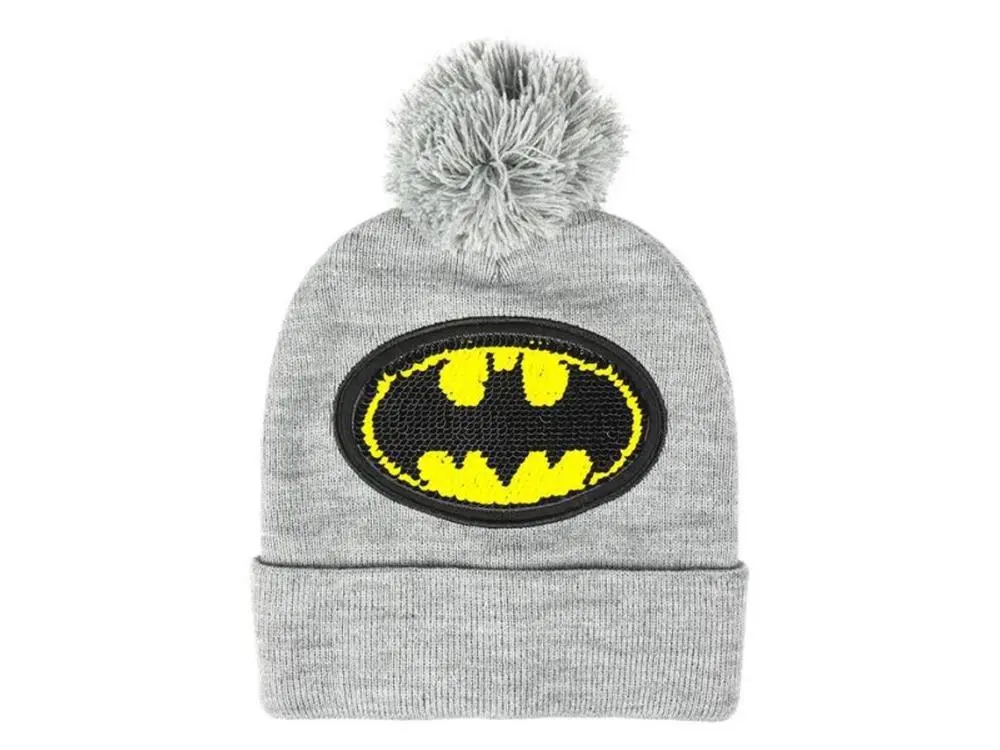 Gorro Cinzento c/ Símbolo em Lantejoulas e Pompom - Batman