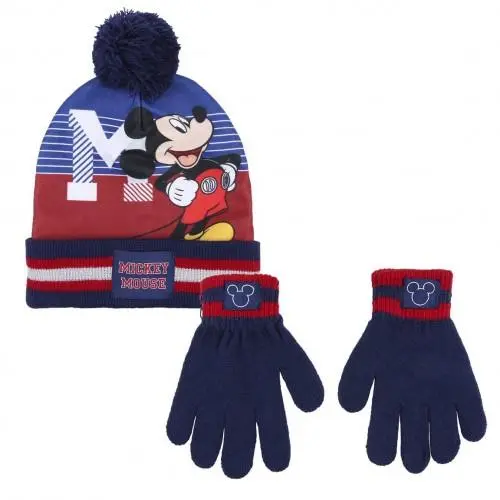 Conjunto de Gorro com Pompom e Luvas Azul com Riscas e Vermelho - Mickey