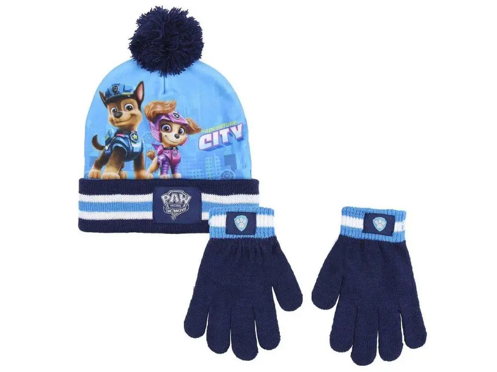 Conjunto de Gorro com Pompom e Luvas Azul Chase e Sky - Patrulha Pata