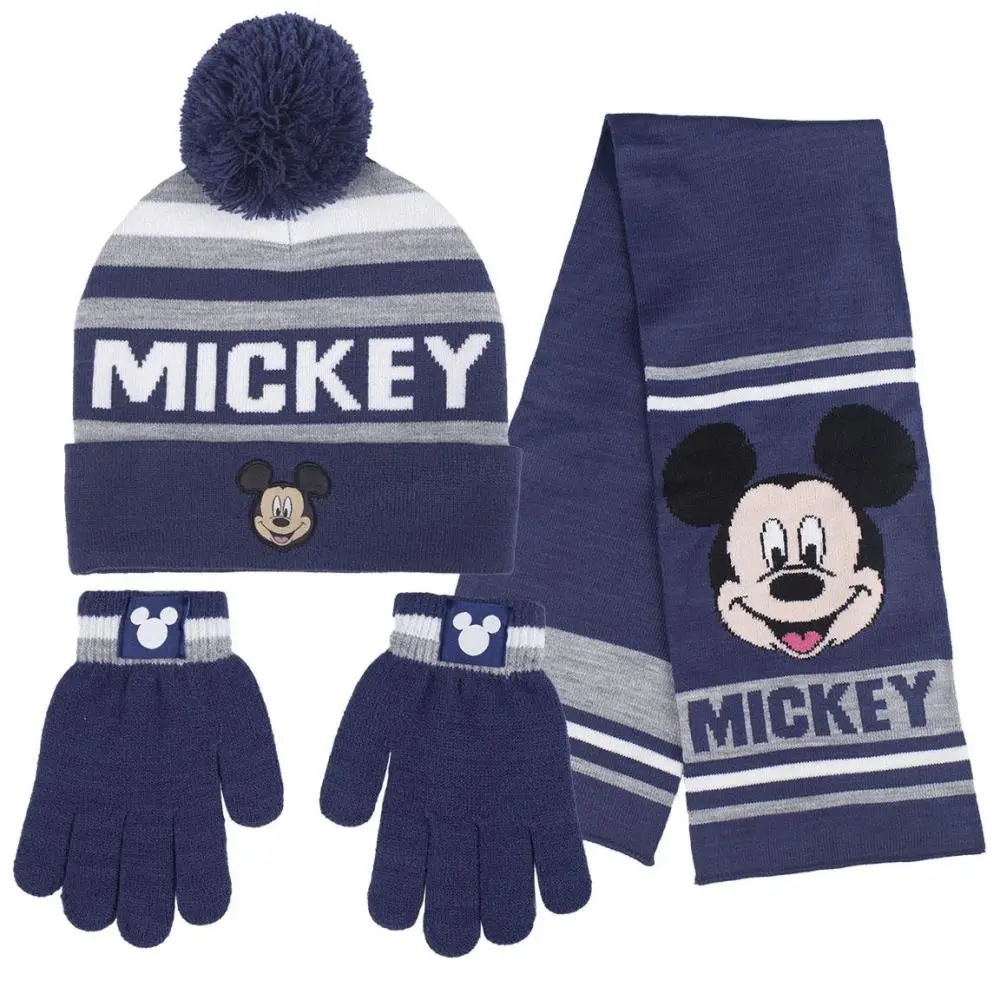 Conjunto Gorro com Luvas e Cachecol Azul Escuro e Cinzento - Mickey