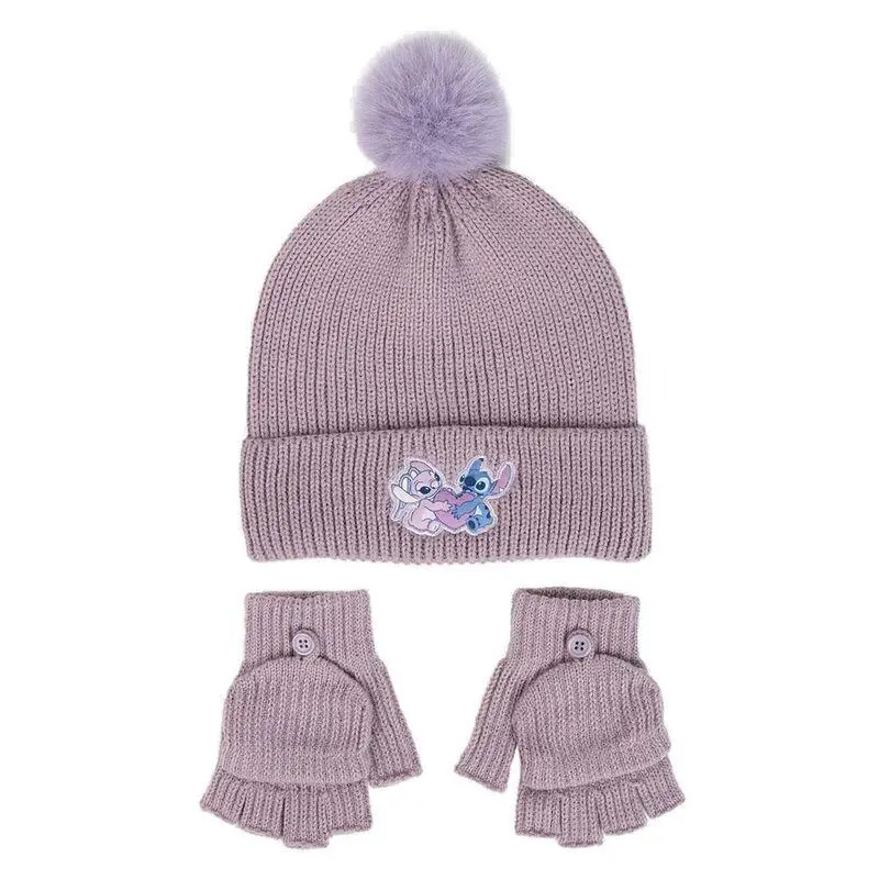 Conjunto de Gorro e Luvas Lilas C/ Pompom Stitch & Angel (Tamanho Único) - Lilo & Stitch