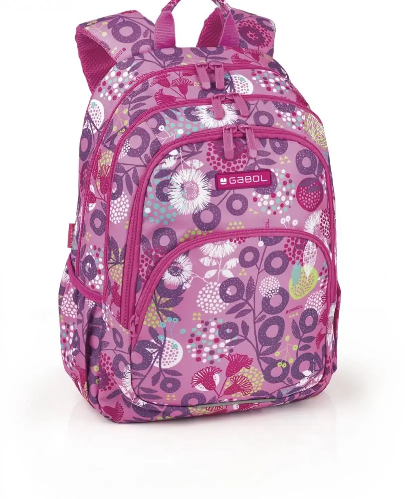 Mochila Escolar 4 Fechos Rosa c/ Flores 44cm "Linda" - Gabol