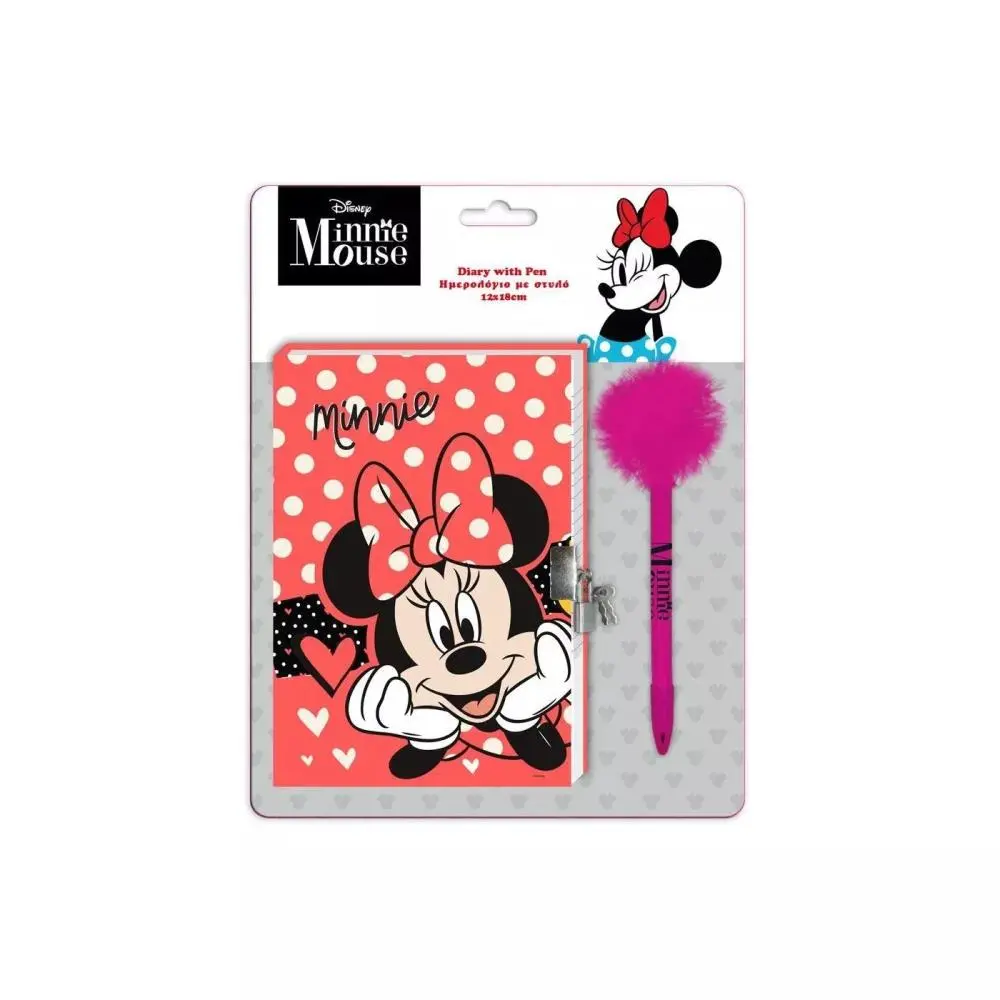 Conjunto Diário Rosa com Pontos Brancos + Esferográfica com Pompom  - Minnie