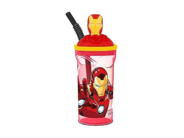 Copo com Tampa e Palhinha e Figura 3D Iron Man - Avengers
