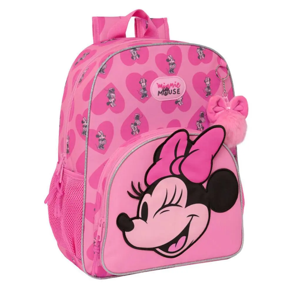 Mochila Escolar Rosa C/ Pom Pom e Corações 42cm "Loving" - Minnie