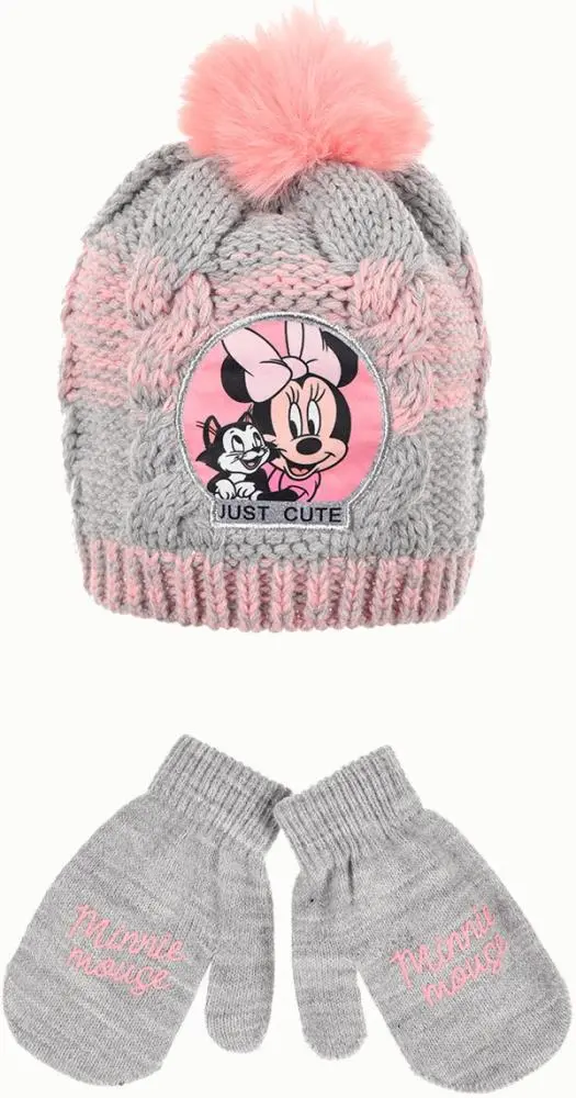 Conj. Infantil Gorro + Luvas Cinza e Rosa "Minnie e Fígaro"  - Tam. 48 - Minnie