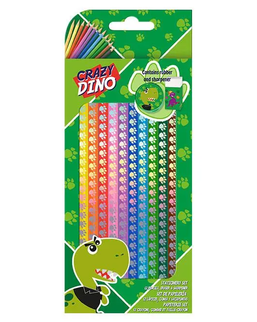 Conjunto de 12 Lápis de Cor Crazy Dino com Borracha