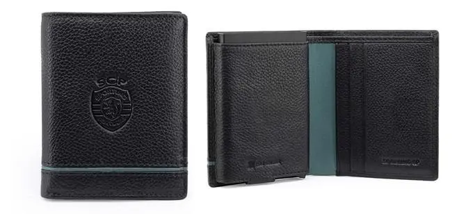 Porta Cartões com Ejetor Preto em Pele e Linha Verde - SCP