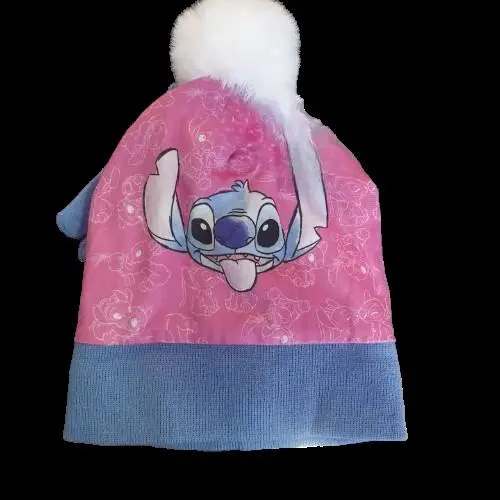 Conjunto Gorro Rosa e Luvas Azuis  C/ Pompom Branco "Stitch" (T54) - Lilo & Stitch