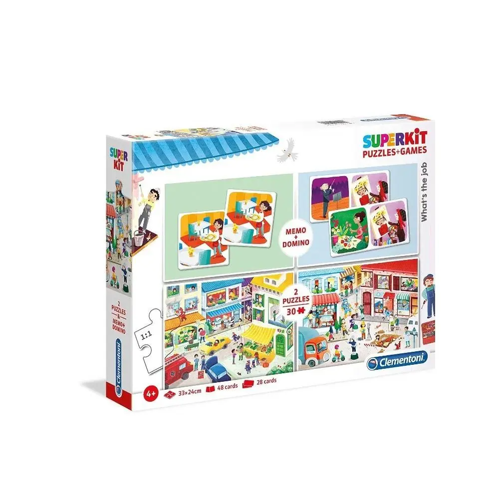 Clementoni - Superkit Memo +Dominó + 2 Puzzles (30 pcs) Profissões