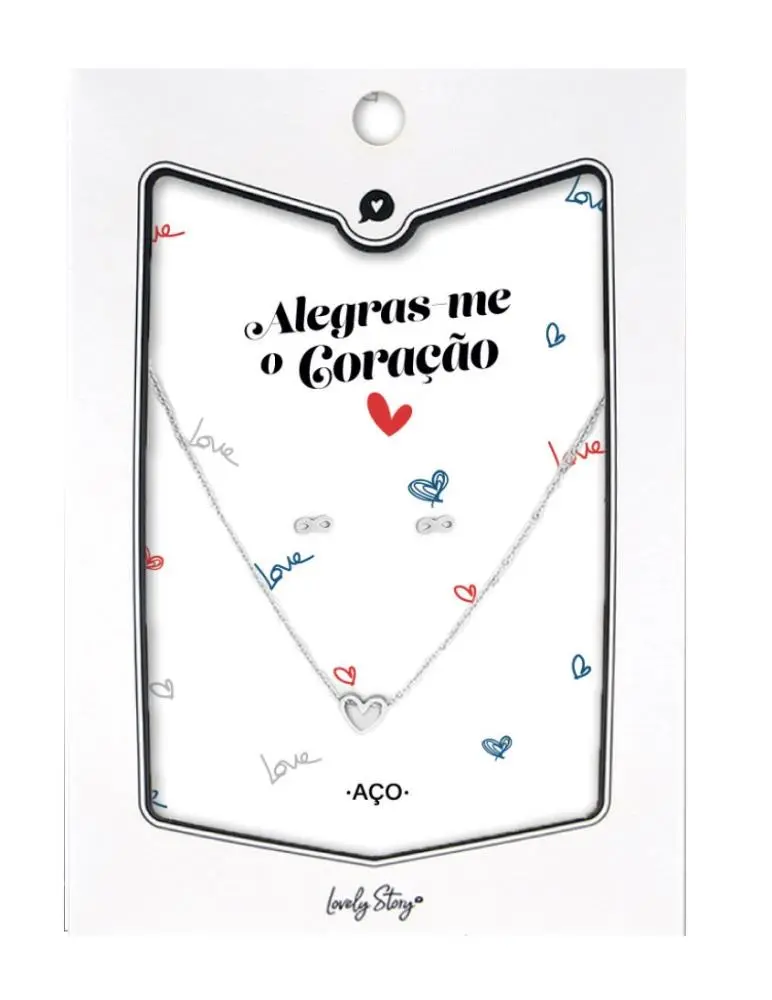 Set Colar Coração e Brincos Infinitos de Aço Prateados "Alegras-me O Coração" - Lovely Story