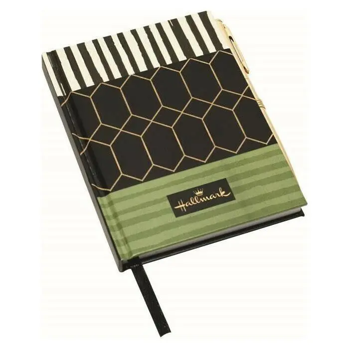 Bloco de Notas A6 com Caneta Preto c/ Riscas Brancas e Dourado - Hallmark