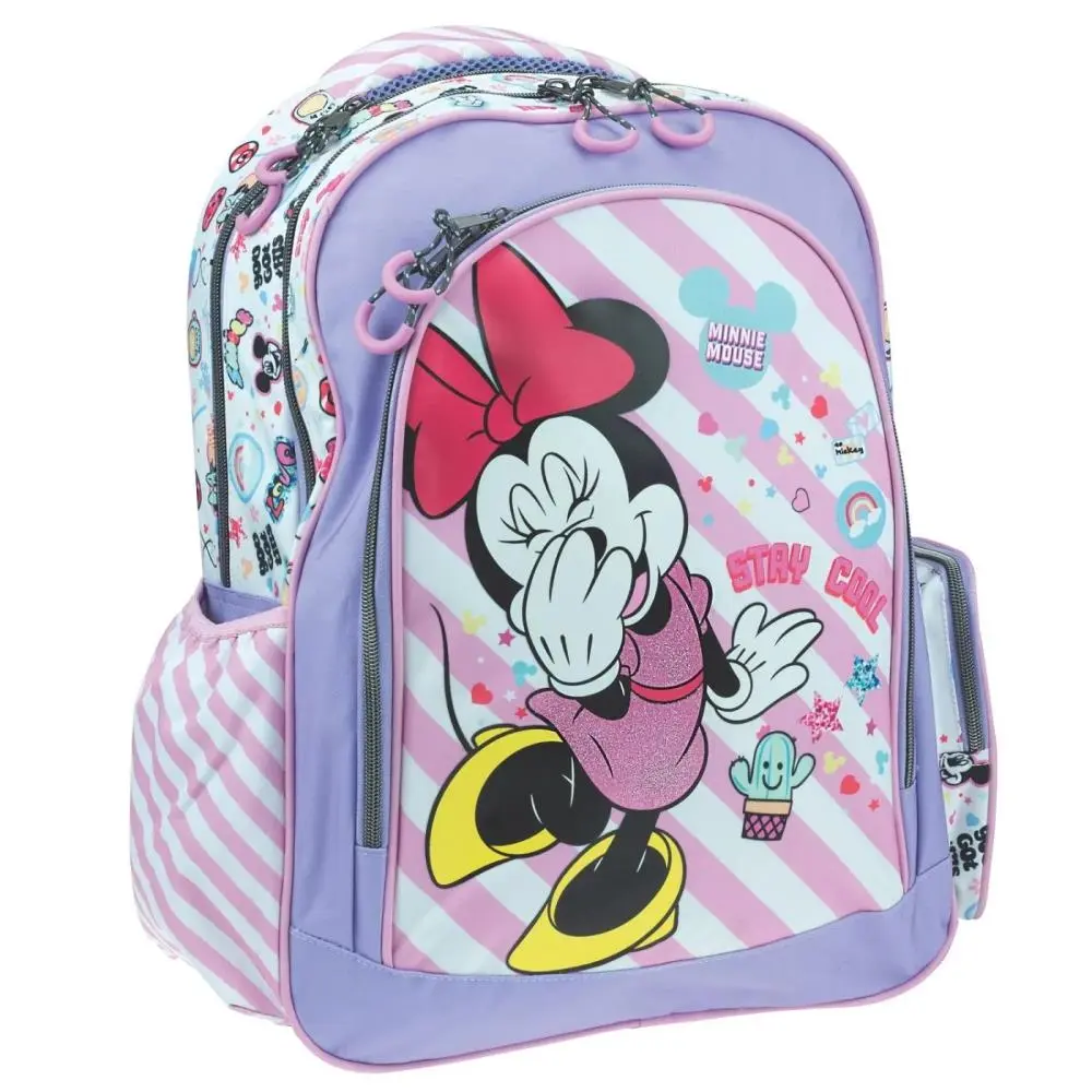 Mochila Escolar Rosa e Roxo c/ Riscas Brancas "Full of Smiles" - Minnie