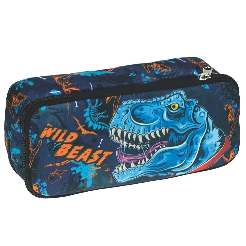 Estojo Duplo Oval Azul e Laranja Wild Beast - Dinossauro