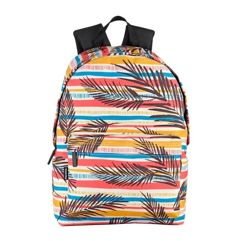 Mochila Escolar Branca com Riscas e Folhas e Bolso Frontal - Malawi - Perona