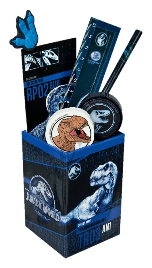 Conjunto de Escrita c/ Porta Lápis (7 pcs)  "Jurassic World" Azul - Jurassic Park