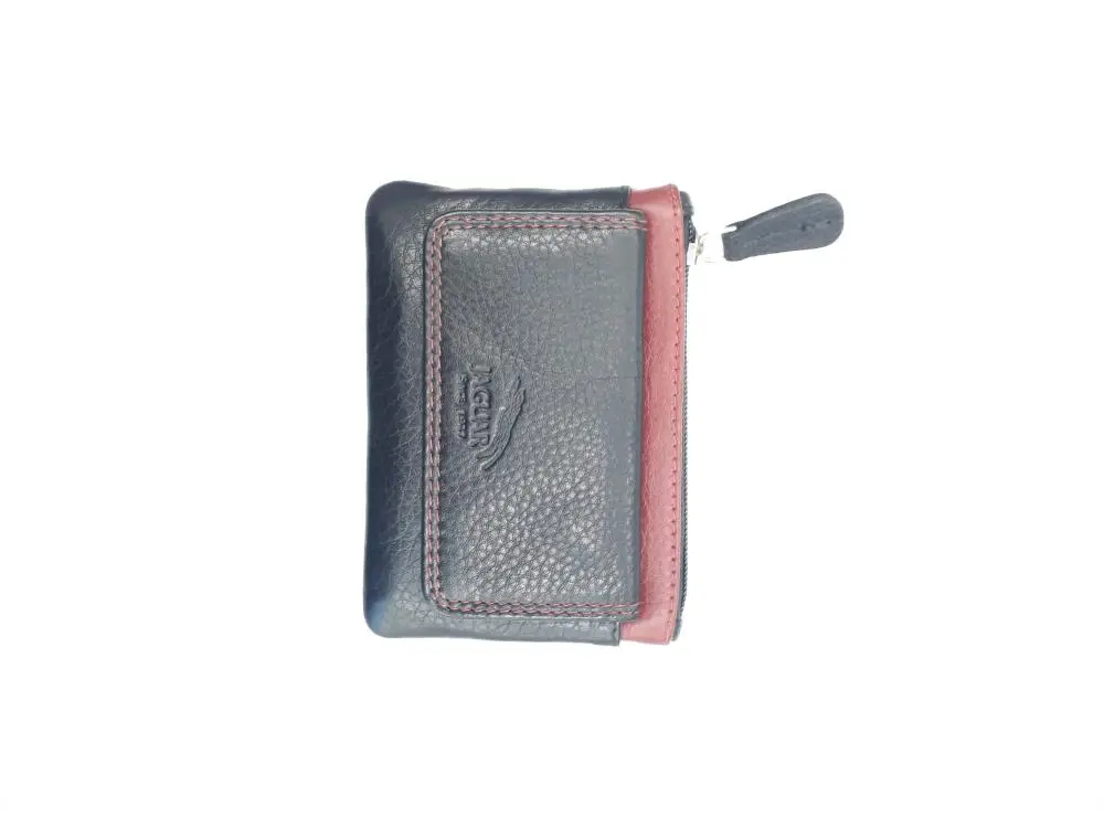 Porta Moedas com Fecho, Bolsa Frontal e Costura Vermelha Pele Vaca Boston Preta - Jaguar