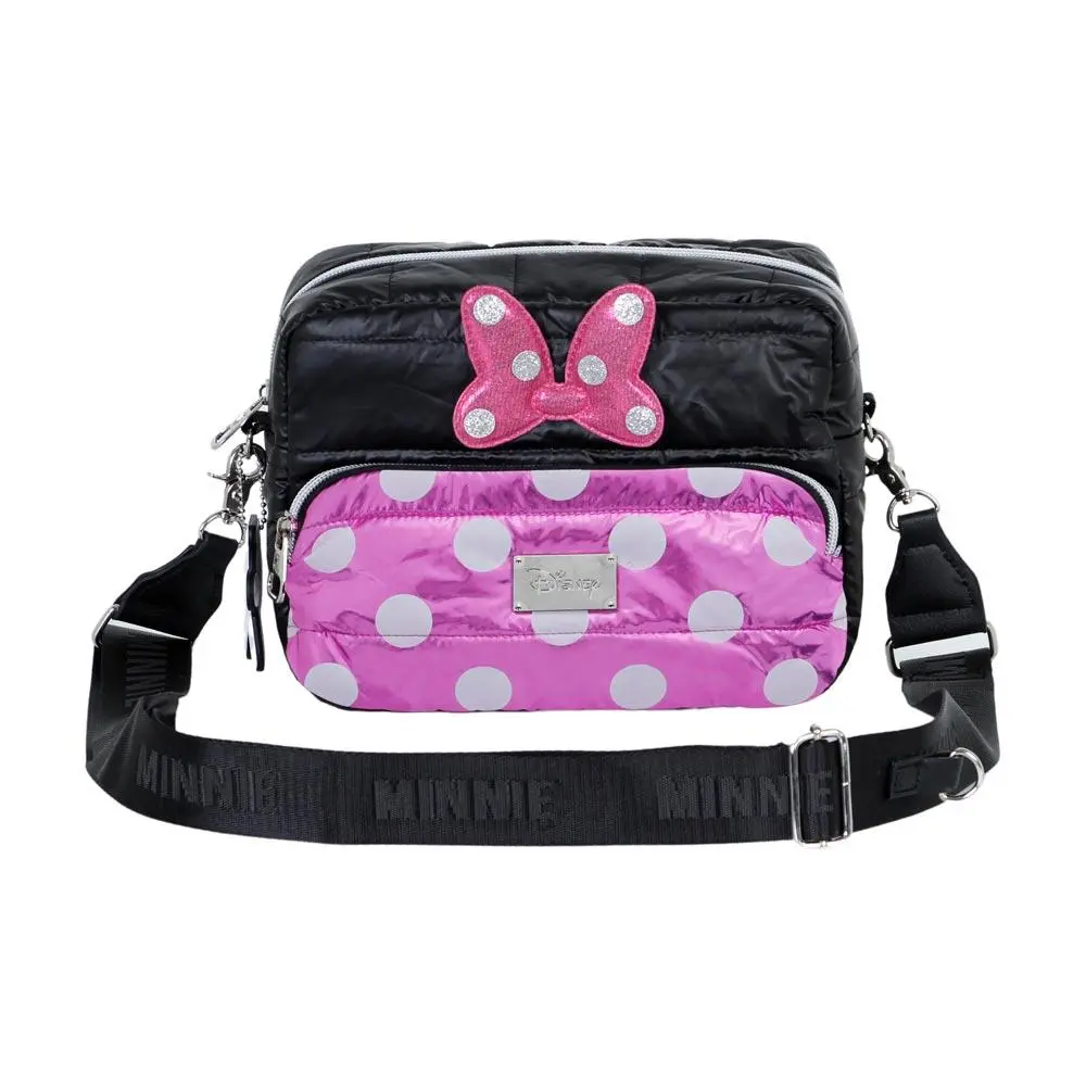 Bolsa Tiracolo Retangular "Padding Air" Preta e Rosa com Laço - Minnie