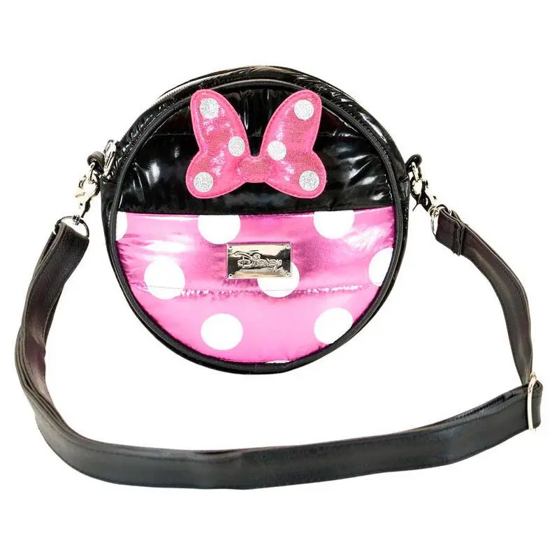 Bolsa Tiracolo Redonda "Padding Air" Preta e Rosa com Laço - Minnie