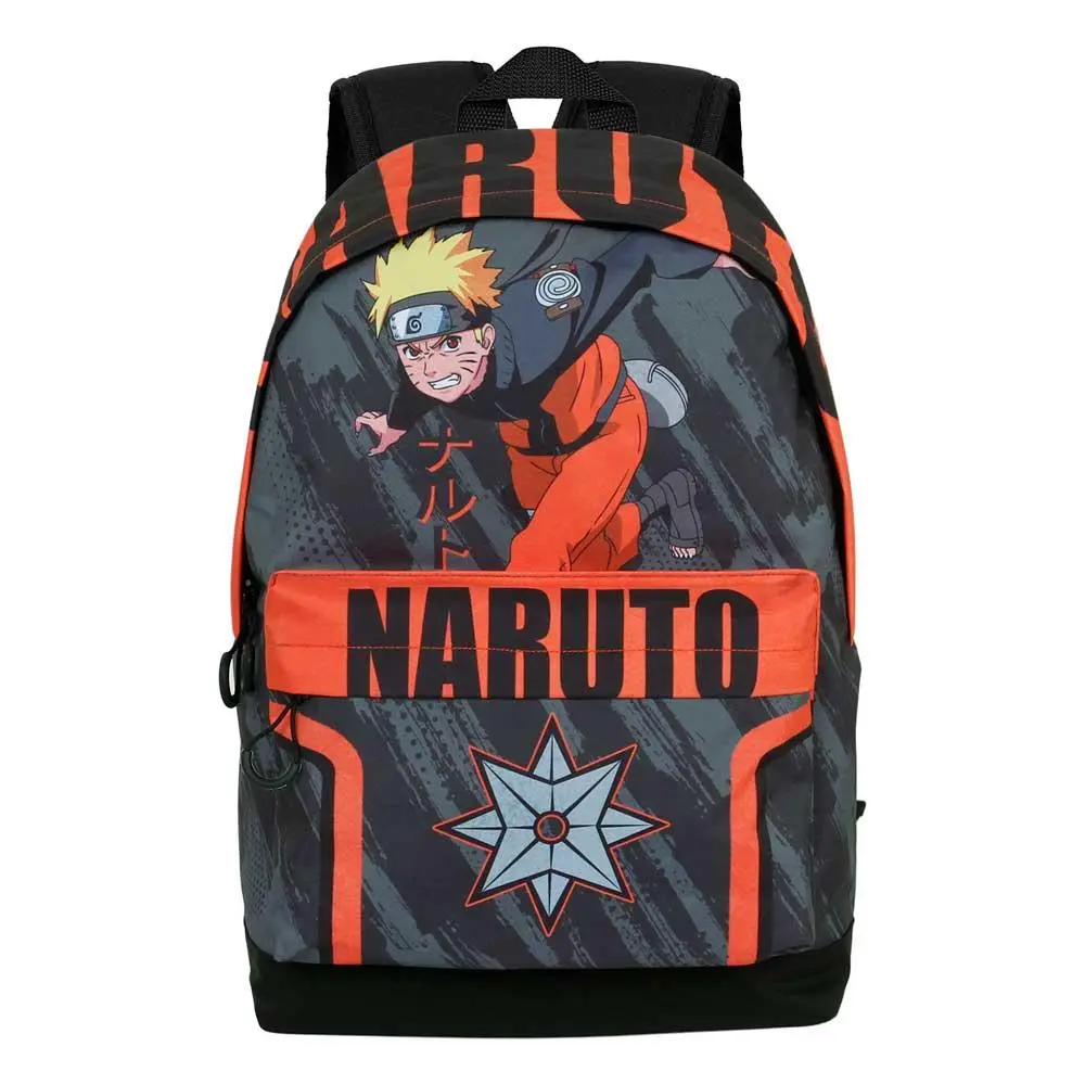 Mochila Escolar Preta e Laranja c/ Bolso Frontal "Shuriken" - Naruto