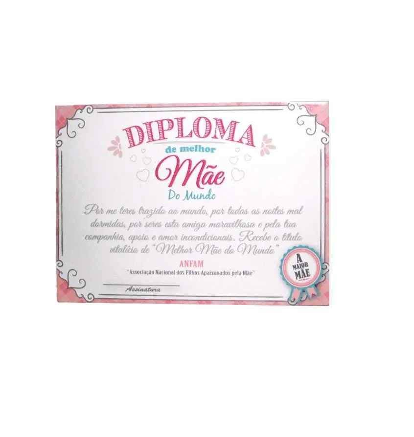 Diploma de "Melhor Mãe do Mundo" Branco e Rosa