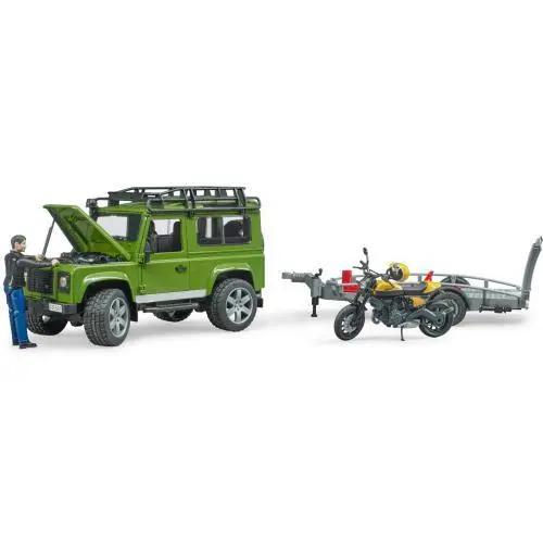 Land Rover Defender com Reboque e Mota Ducati Scrambler - Bruder