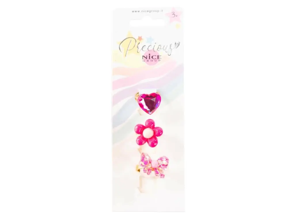 Conjunto de 3 Aneis Rosa Flor, Coração e Laço "Precious" - Nice