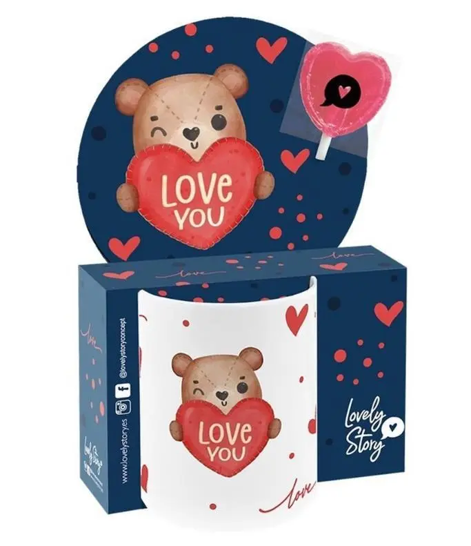 Lovely Story - Caneca de Cerâmica Urso LOVE YOU c/ Chupa-Chupa (330 ml)