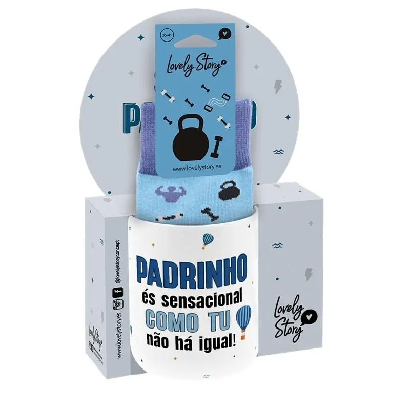 Lovely Story - Caneca de Cerâmica + Meias - Padrinho Pisa Forte e Conquista o Mundo! (300 ml)