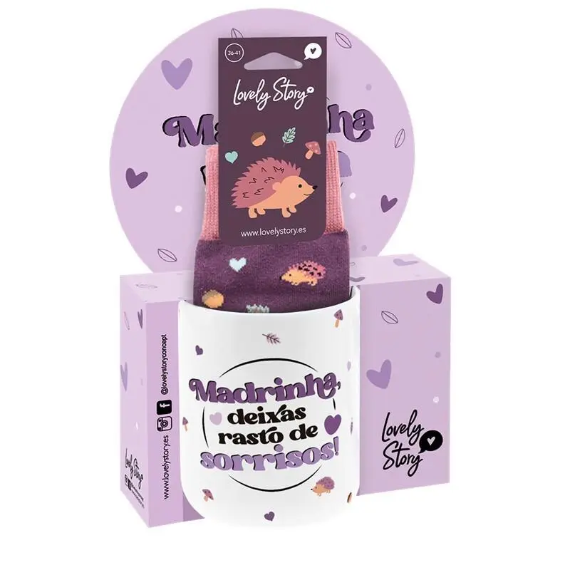 Lovely Story - Caneca de Cerâmica + Meias Hedgehog - Madrinha, Deixas Rasto de Sorrisos! (300 ml)
