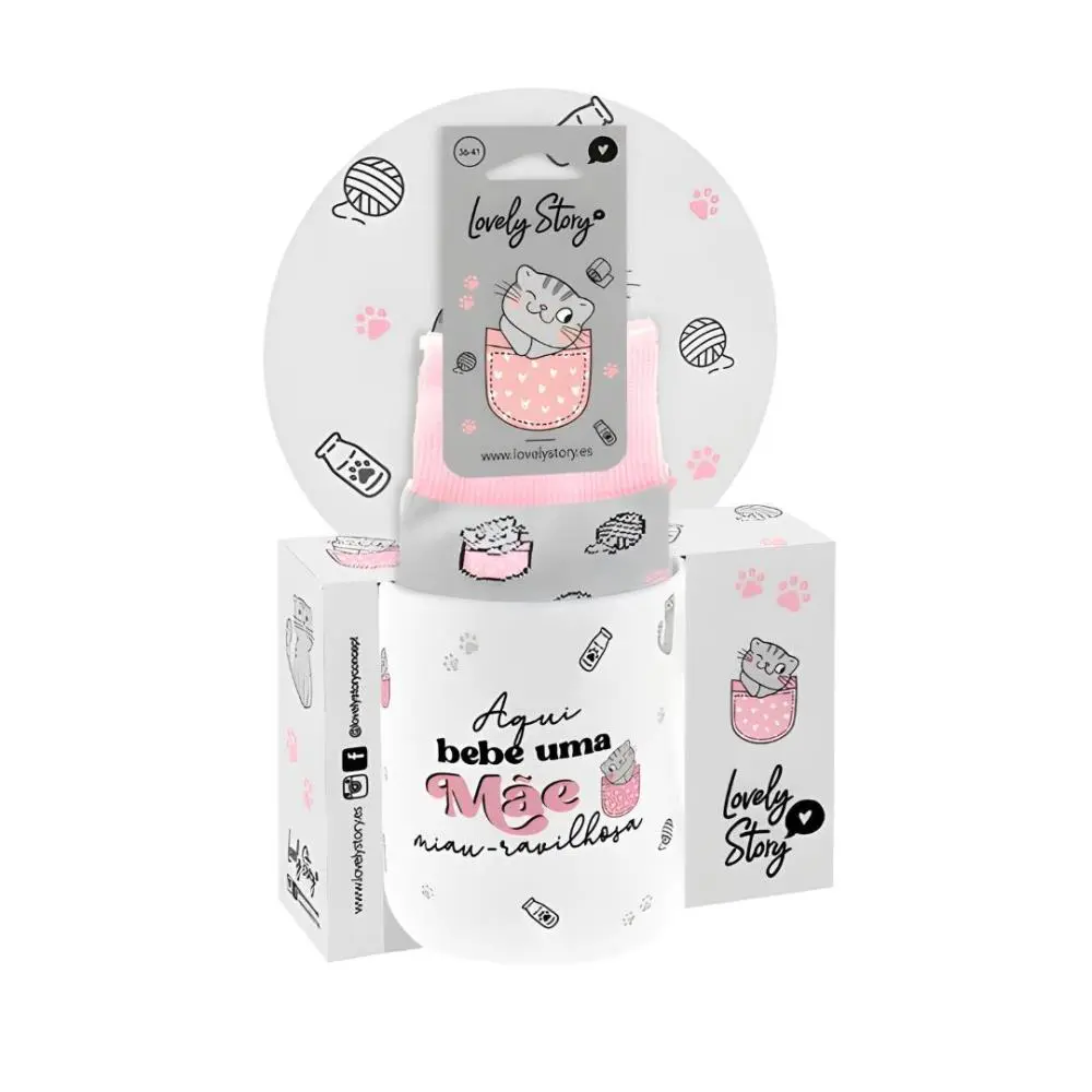 Lovely Story - Pack Meias Grey Kitty e Caneca "Aqui Bebe um Mãe Miau-Ravilhosa"